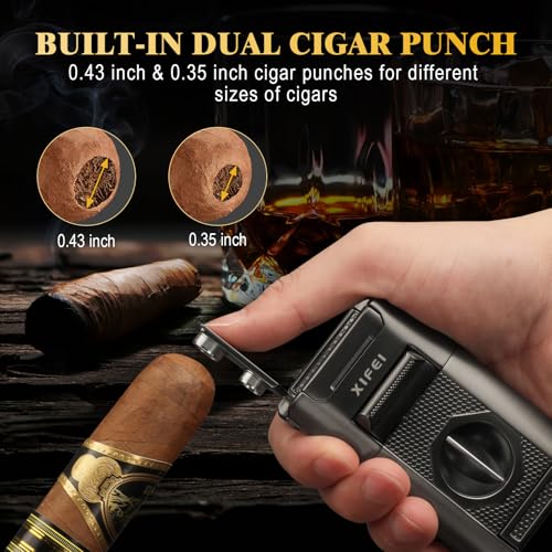 XIFEI 6-in-1 Cigar Lighter with Straight & V-Cut Cutter, Dual Punch & Stand - Gray