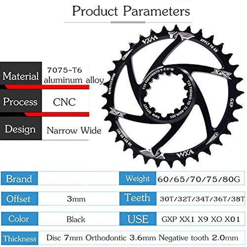 YBEKI Narrow-Wide Chainring 30T-38T - CNC 7075-T6 Aluminum MTB Chainwheel for SRAM GXP/XX1/X01 (3mm/6mm Offset) | Eagle Tooth Design | Ultra-Light 60-80g | Hard Anodized Black