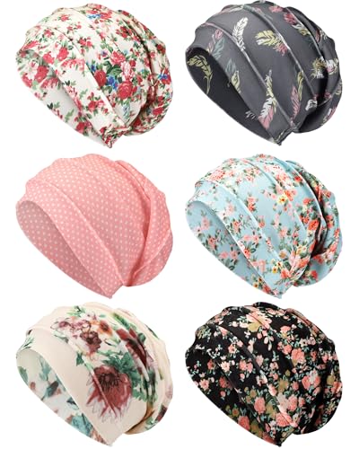 Geyoga 6 Pieces Chemo Headwear Caps for Women - Warm Color, Floral Style