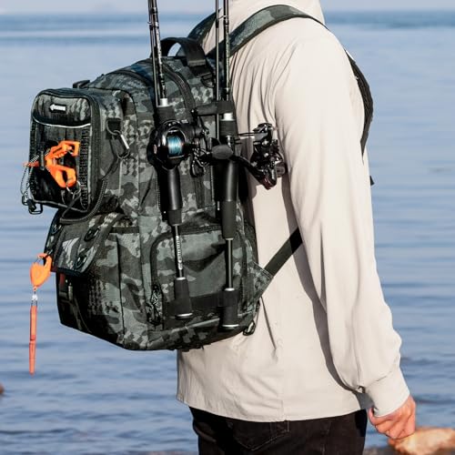 KastKing BaitSpace 50L Fishing Backpack with 4 Tackle Boxes, 2 Rod Holders - Black Camo