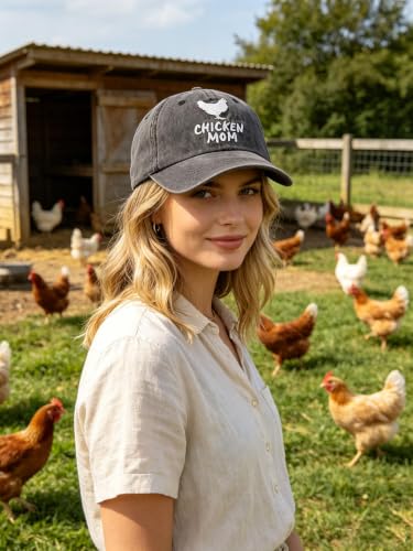Chicken Mom Hat Black One Size Adjustable Cotton Embroidered Farm Cap