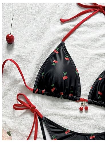 Women's 2-Piece Cherry Print Bikini Set - Side Tie Halter, Medium / Black & Red