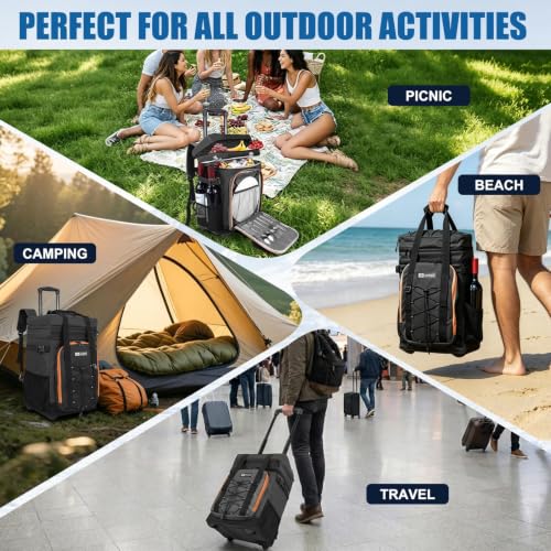 Black Backpack Cooler with Wheels - 50 Can Rolling Cooler with Handle, 2-in-1 Trolley for Beach Camping Travel