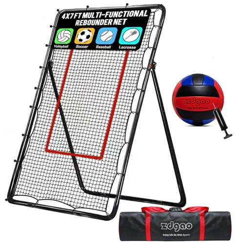 LOMGWAYS 4x7ft Black Red Volleyball Rebounder with Ball & Bag - Adjustable Practice Net