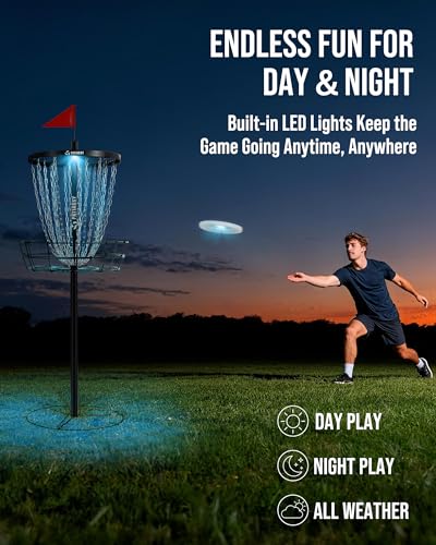 Patiassy Lighted Disc Golf Basket with Adjustable Height & Night LED Night & 24/12 Chain