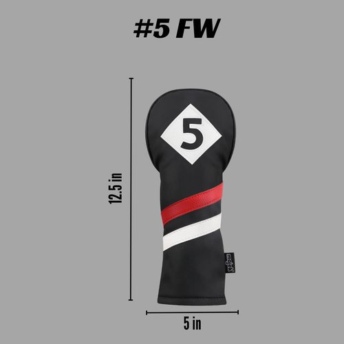 Majek Retro Golf Headcover Black Red and White Vintage Leather Style #5 Fairway Wood Head Cover Classic Look