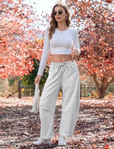 SeekMe Women’s Barrel Leg Sweatpants with Pockets, Drawstring Waist – Heather White, Medium