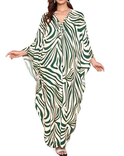Rossopesca Kaftan Dress for Women V-Neck Plus Size Batwing Sleeves Beach Cover Up - Green Zebra, One Size