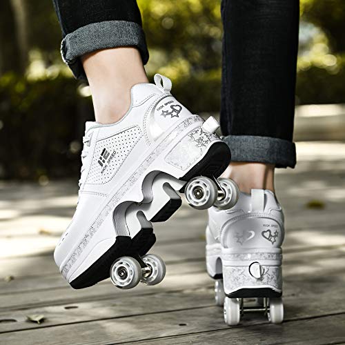 TAILORIA Kids 3.5 White 2-in-1 Roller Skate Shoes with Wheels, Detachable & LED Lights