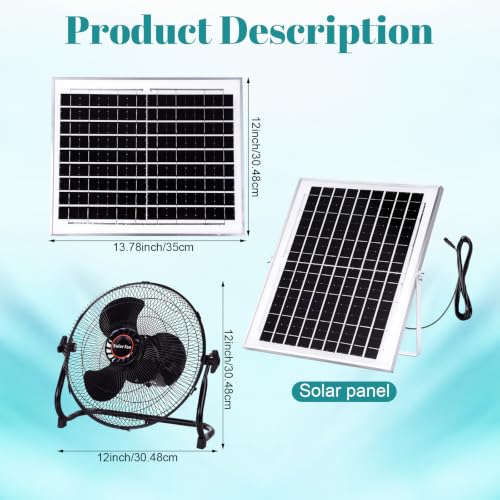 Tujoe 12 Inch Black Solar Panel Powered Fan with Adjustable Speed – Portable Outdoor & Indoor Cooling