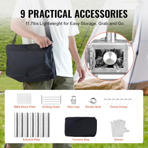 Portable Stainless Steel Camping Wood Stove 12.32x7.80x6.10in with Chimney & Gloves - 10.5L