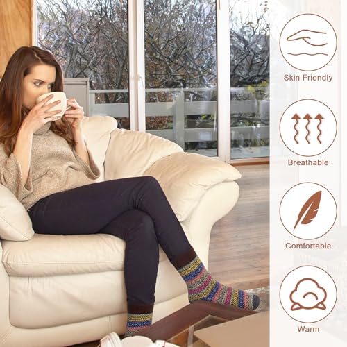 Justay Wool Socks for Women - Soft Warm Winter Gift Pack, One Size Beige Blue Orange Brown Green
