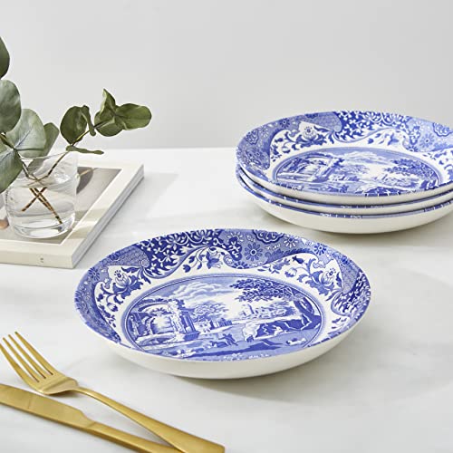 Spode Blue Italian Pasta Bowls Set of 4, 9-Inch Earthenware Serving Bowls with Oriental Border
