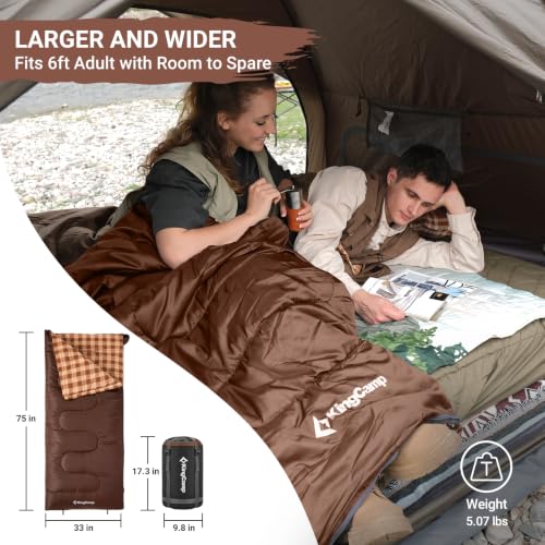 KingCamp XL Flannel Sleeping Bag for Adults - COCOA / Left Zip, 39°F Comfort