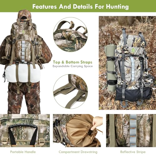 Wild Cedar 60L Hunting Backpack for Men - Camo Waterproof Rain Cover Included