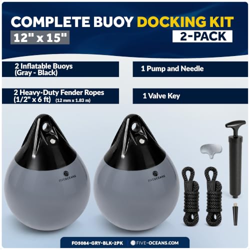 Five Oceans 12x15 Inch Boat Buoy 2-Pack Gray & Black Marine-Grade Vinyl with Ropes & Pump
