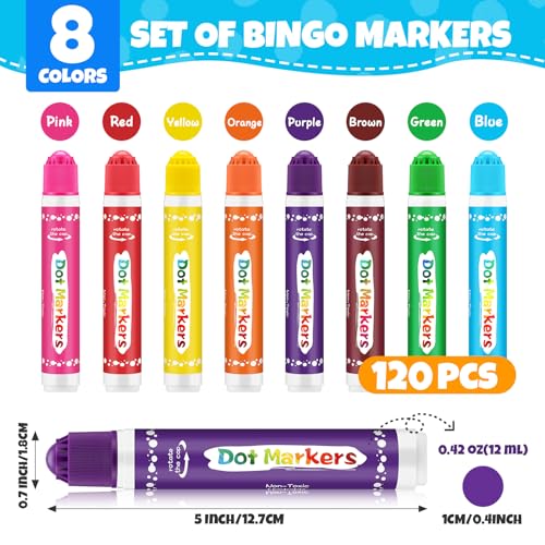 120 Pcs Dot Markers Set for Kids - Washable Bingo Daubers in 8 Bright Colors - 1 Pack of 120