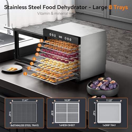 PSIIDAN Stainless Steel Food Dehydrator Machine 8 Trays Gray 650W Faster Drying