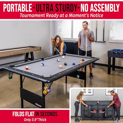 GoSports 6 Ft Foldable Pool Table with Accessories - Black Frame & Gray Felt, Portable Billiards Game