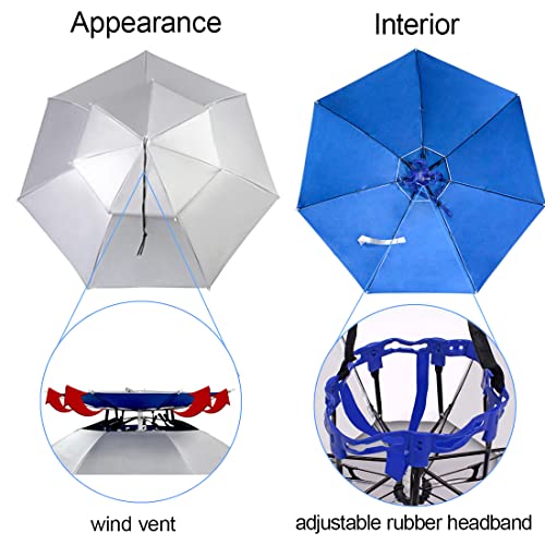 Oversized Silver Folding Sun Rain Umbrella Hat with Adjustable Chin Strap - Waterproof Headwear for Fishing Gardening Golf