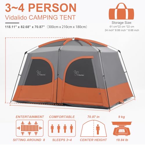 Vidalido Orange Family Camping Tent with Extended Vestibule, Waterproof & Breathable Mesh Windows
