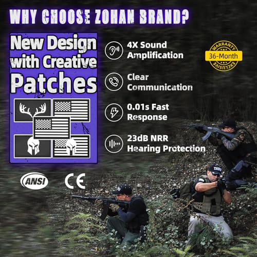 ZOHAN Electronic Shooting Ear Muffs with Patches, Ambient Sound Amplifier, NRR 23dB, Black & Purple
