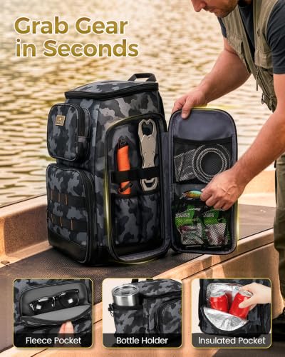 Fishing Backpack with 4 Tackle Boxes and Insulated Cooler - Camouflage