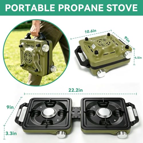 Green 2 Burner Portable Propane Camping Stove Kit with Frying Pan & Pot - Foldable Hiking Cookware Set
