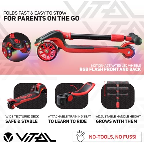 Vital Tyke 3 Wheel Toddler Scooter with LED Wheels - Foldable, Adjustable Handlebar & Removable Seat for Kids 3-7, Up to 110lbs - Red
