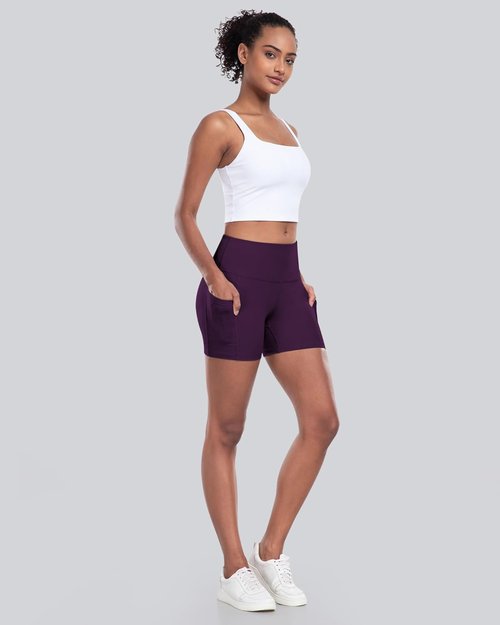 CHRLEISURE Women's Biker Yoga Shorts - High Waisted Tummy Control, 5-Inch Workout Spandex, Pocket Included