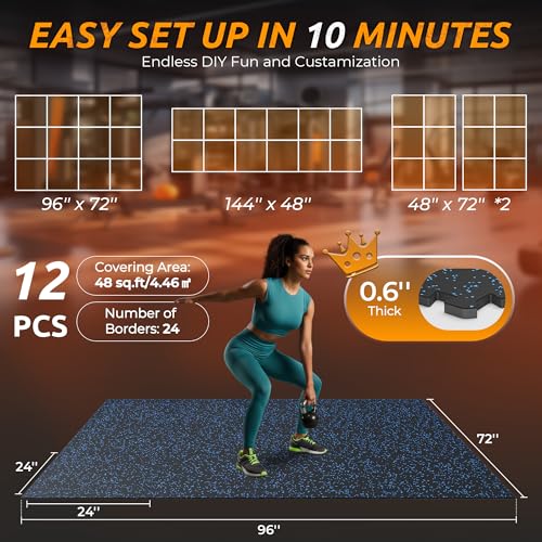 PRAISUN 0.6-inch Thick Interlocking Rubber Gym Floor Tiles, 12-Pack Black/Blue, 48 sq ft
