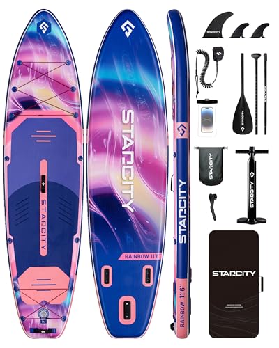Starcity Rainbow 11'6" x 35" x 6" Inflatable Stand Up Paddle Board - Extra Wide, 450lb Capacity for Stable Lake Paddling, Beginner Friendly