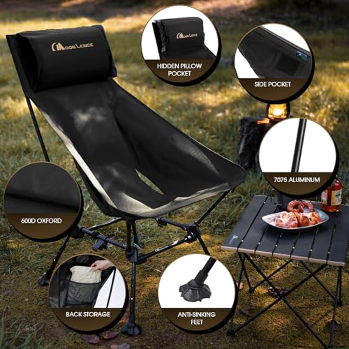 MOON LENCE Black Oversized High Back Camping Chair, Height Adjustable Folding Seat for Adults, 400 lbs Capacity