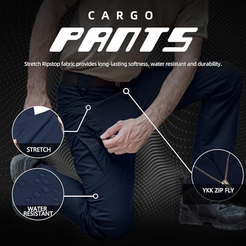 Men's Ripstop Tactical Cargo Pants - Water Resistant, Stretch, Lightweight, Navy Blue 34W x 32L