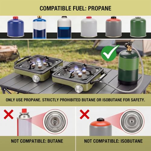 Green Portable 2-Burner Propane Camping Stove with Windshield, Foldable Gas Cooker