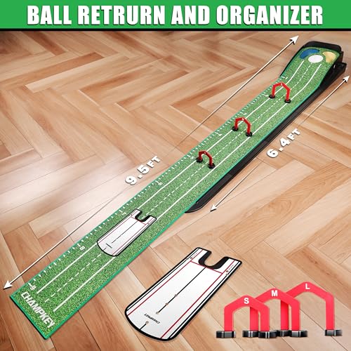 CHAMPKEY Green Golf Putting Mat with Bunker & Water Hazards, Mirror & Gates - Progressive Slope & Noise Reduction Tech