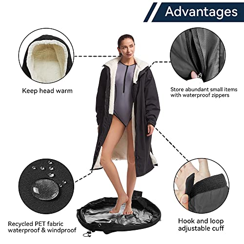 Waterproof Swim Poncho with Sherpa Lining - Windproof Surf Parka, One Size, Black