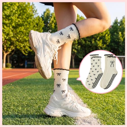 Cuffbow 2 Pilates Socks - Black and White Bow Variation, Non-Slip Grip, Crew Size