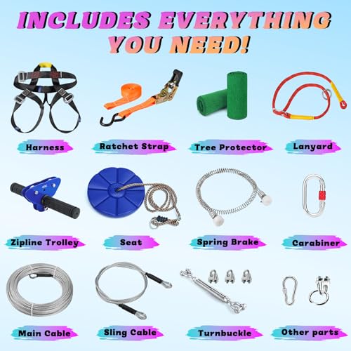 105 Ft Kids & Adult Zipline Kit with Safety Harness, Stainless Steel Spring Brake, Tree Protectors