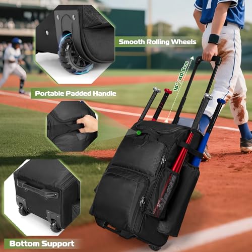 Rolling Baseball Backpack with Wheels & Multiple Compartments - Holds 4 Bats