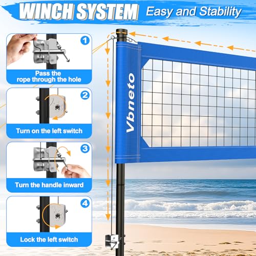 Vbneto Blue Volleyball Net for Backyard No Sagging Heavy Duty Outdoor Portable Set with Poles, Adjustable Height, Includes Volleyball & Carry Bag