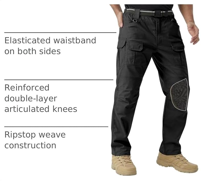Men's Tactical Work Pants with Removable Knee Pads - Water-Resistant Cargo, 36W x 30L, Black