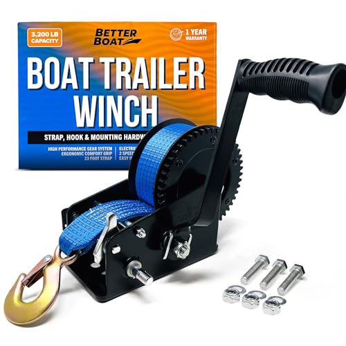 Better Boat 3200 lbs Boat Trailer Winch with Strap & Hook - Heavy Duty Manual Hand Crank