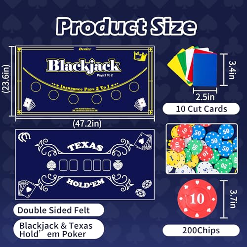 Casino Poker Set with Chips, Cards, Shuffler & Felt Table - Blue