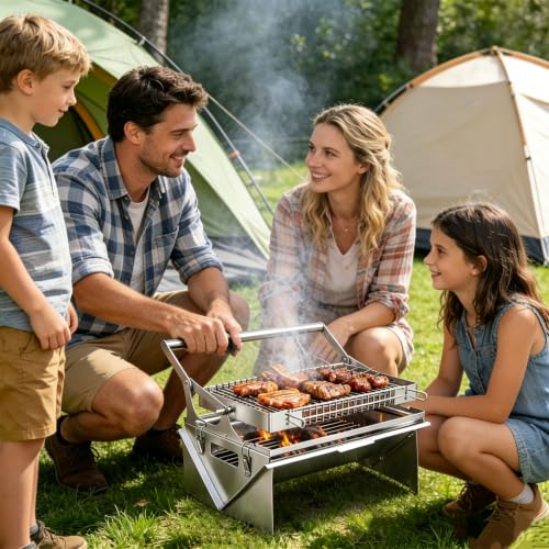 Portable 360° Rotating Charcoal Grill with Flipping Basket - Stainless Steel Camping BBQ