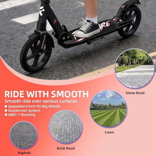 FREEDARE Foldable Kids & Teen & Adult Kick Scooter - Black Red, Adjustable & Lightweight