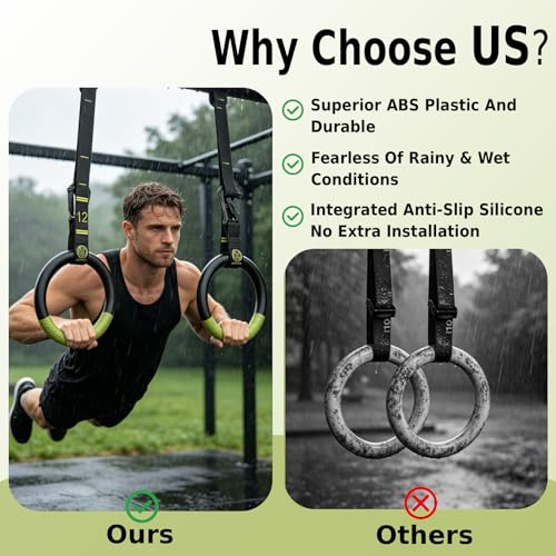 Black-Green Adjustable Gymnastic Rings with Straps, Non-Slip Pull Up Rings, 1322lbs Support