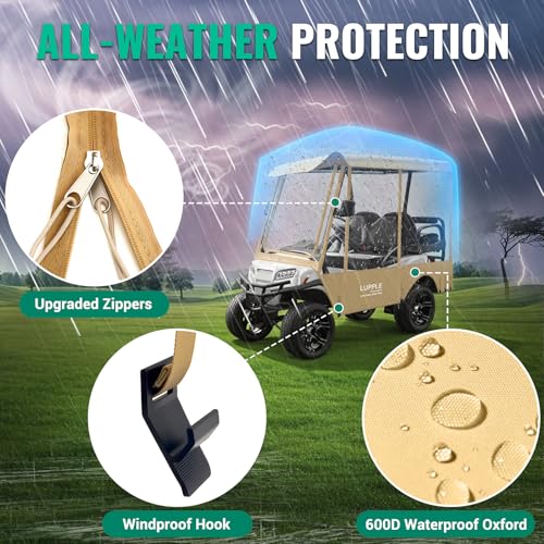 4 Seater Golf Cart Enclosure 83-88" Extended Roof Khaki Rain Cover with Side Mirror Opening