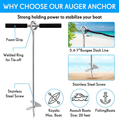 Pelopy 2 Pack 36 Inch Stainless Steel Sand Anchors with Removable Handle & Bungee Line for Beach & Watercraft Stability