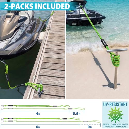 Boat Bungee Dock Lines Set - Green and Yellow Marine Docking Ropes for PWC & Boats